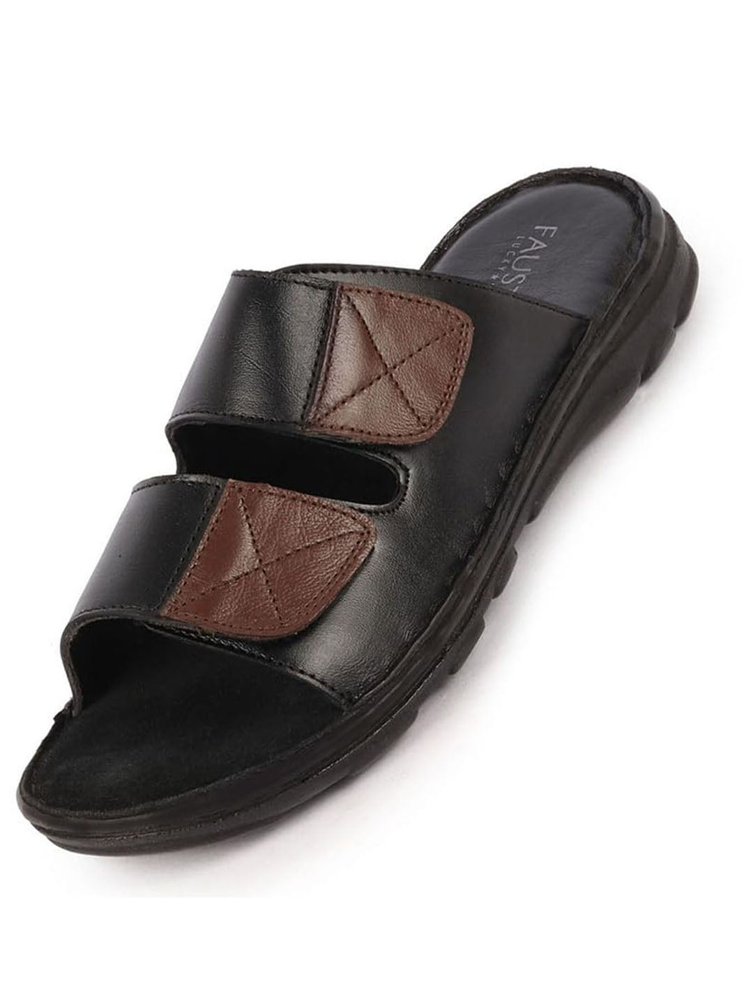 Men Black Genuine Leather Adjustable Velcro Strap Broad Feet Open Toe Suede Leather Insole Slippers