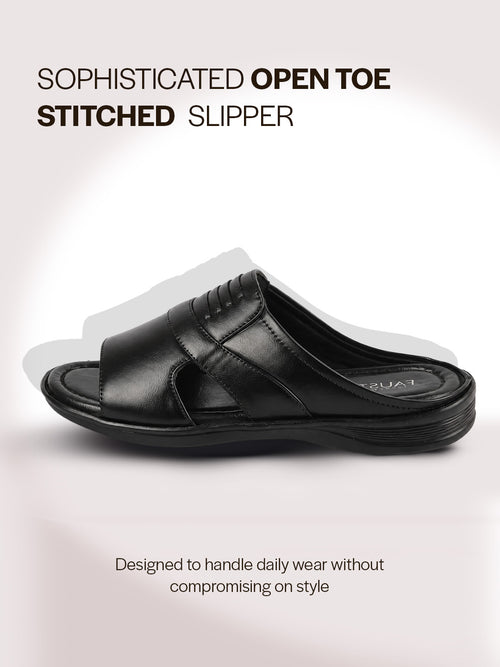 Men Black Daily Indoor Outdoor Comfort Stitched Design Open Toe Slip On Slipper