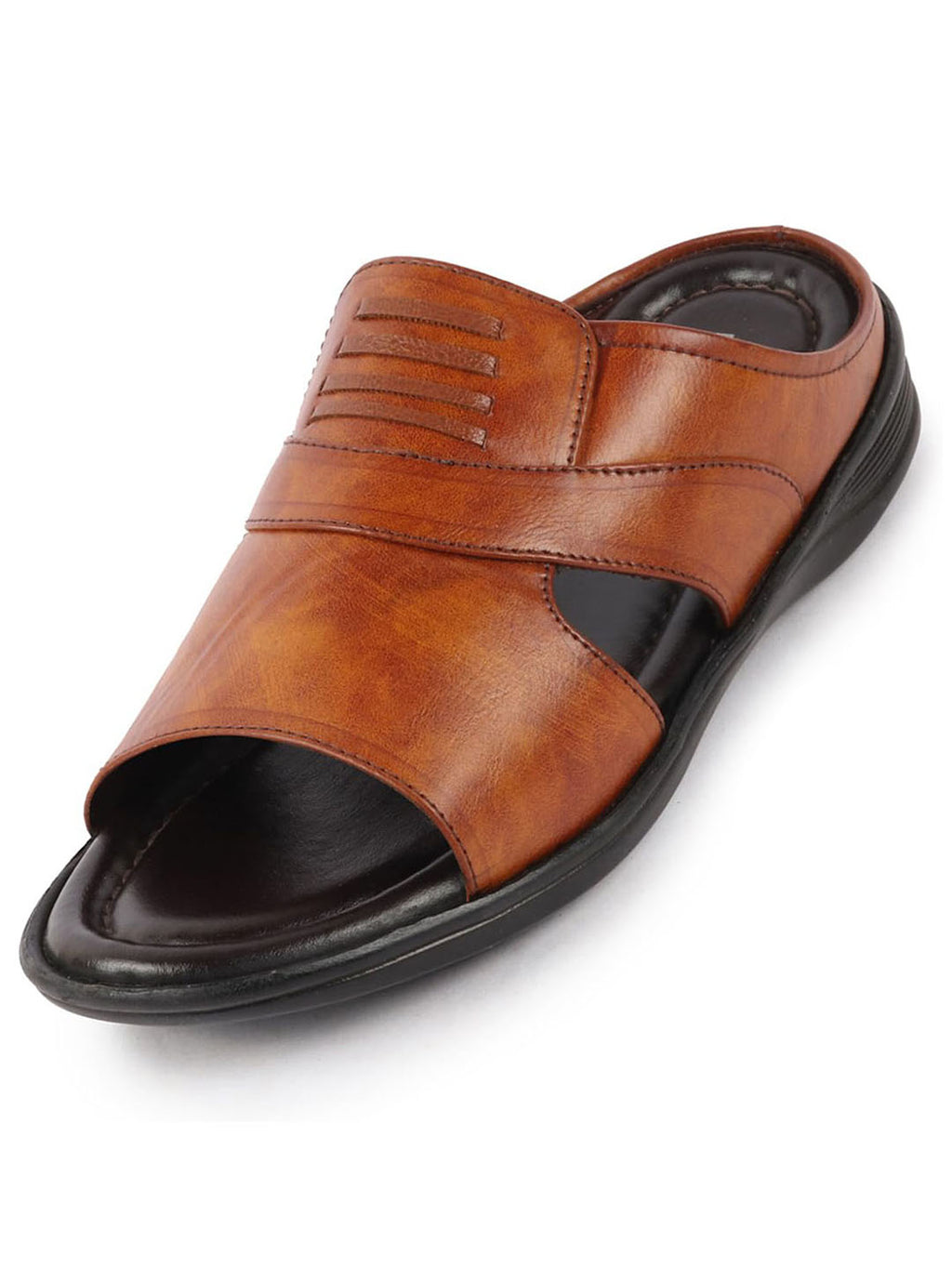 men tan daily indoor outdoor comfort stitched design open toe slip on slipper