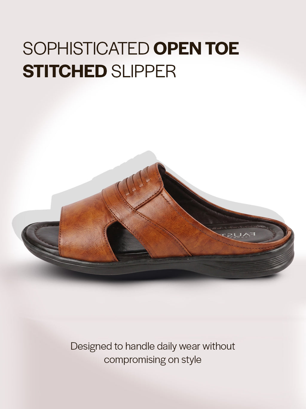 Men Tan Daily Indoor Outdoor Comfort Stitched Design Open Toe Slip On Slipper