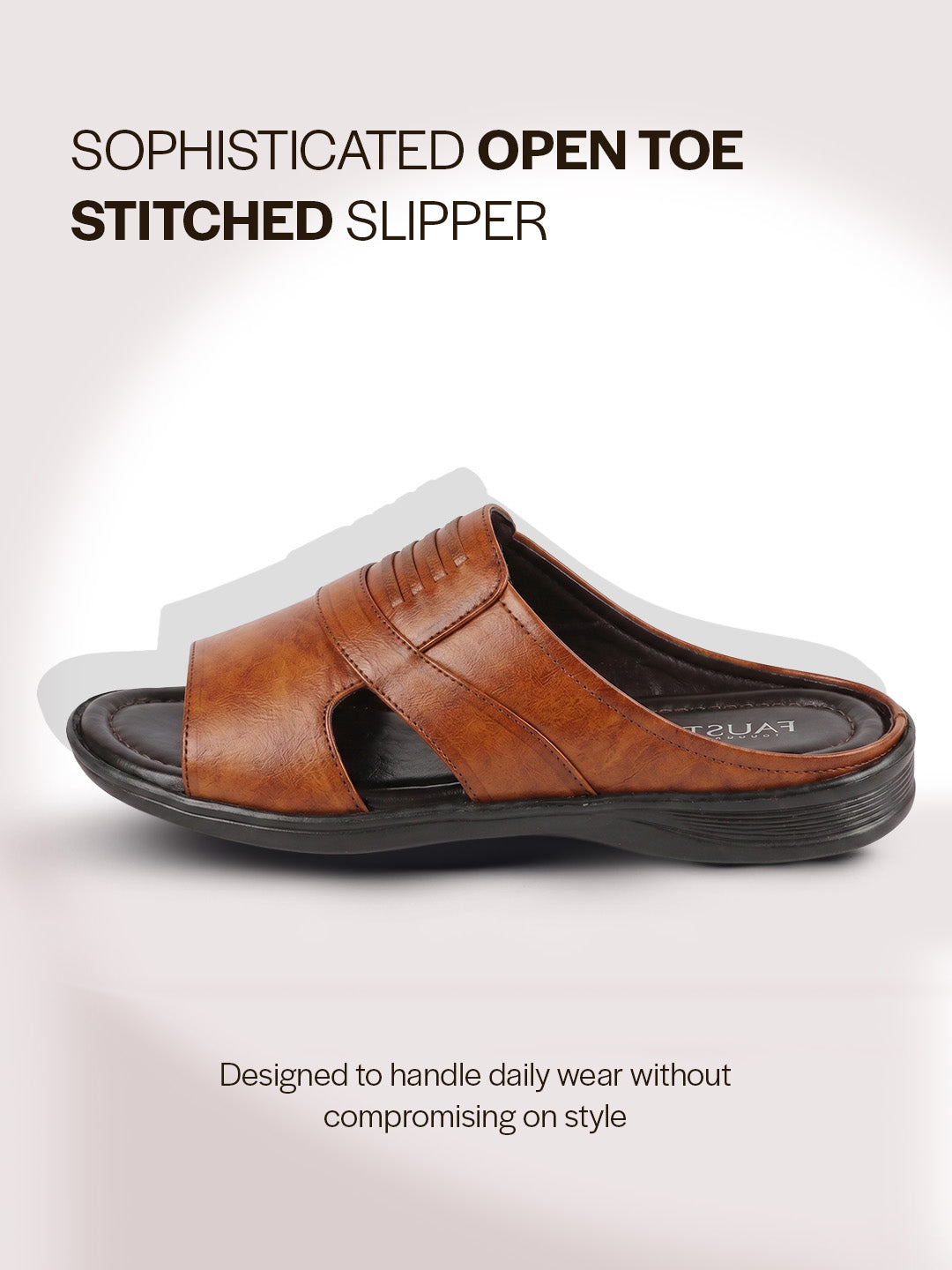 Men Tan Daily Indoor Outdoor Comfort Stitched Design Open Toe Slip On Slipper