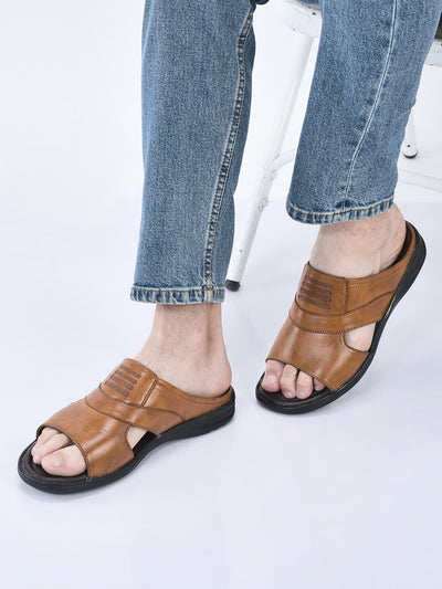men tan daily indoor outdoor comfort stitched design open toe slip on slipper