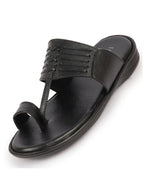 Men Black Daily Indoor Outdoor Comfort Stitched Design Kolhapuri Toe Ring Slip On Slipper