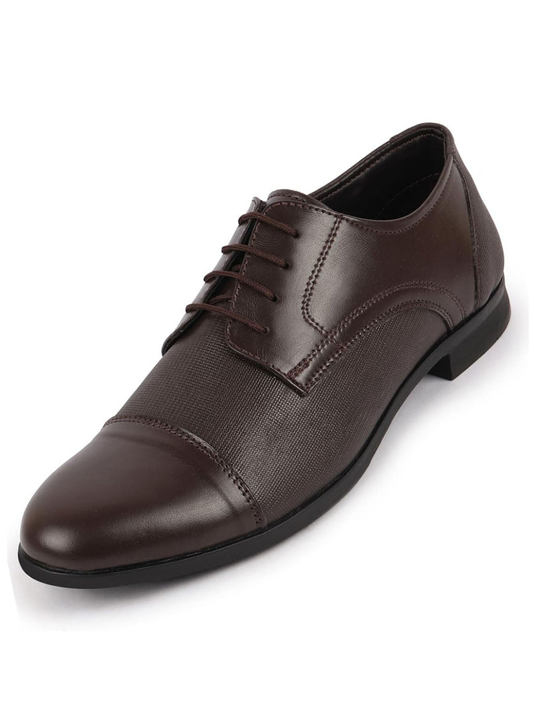 men brown formal office textured design cap toe genuine leather lace up shoes