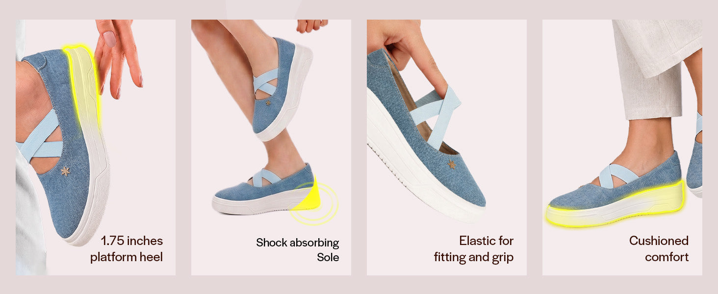 Women Navy Elastic Closure Cross Strap Denim Slip On Height Enhancer Ballet Styled Shoes