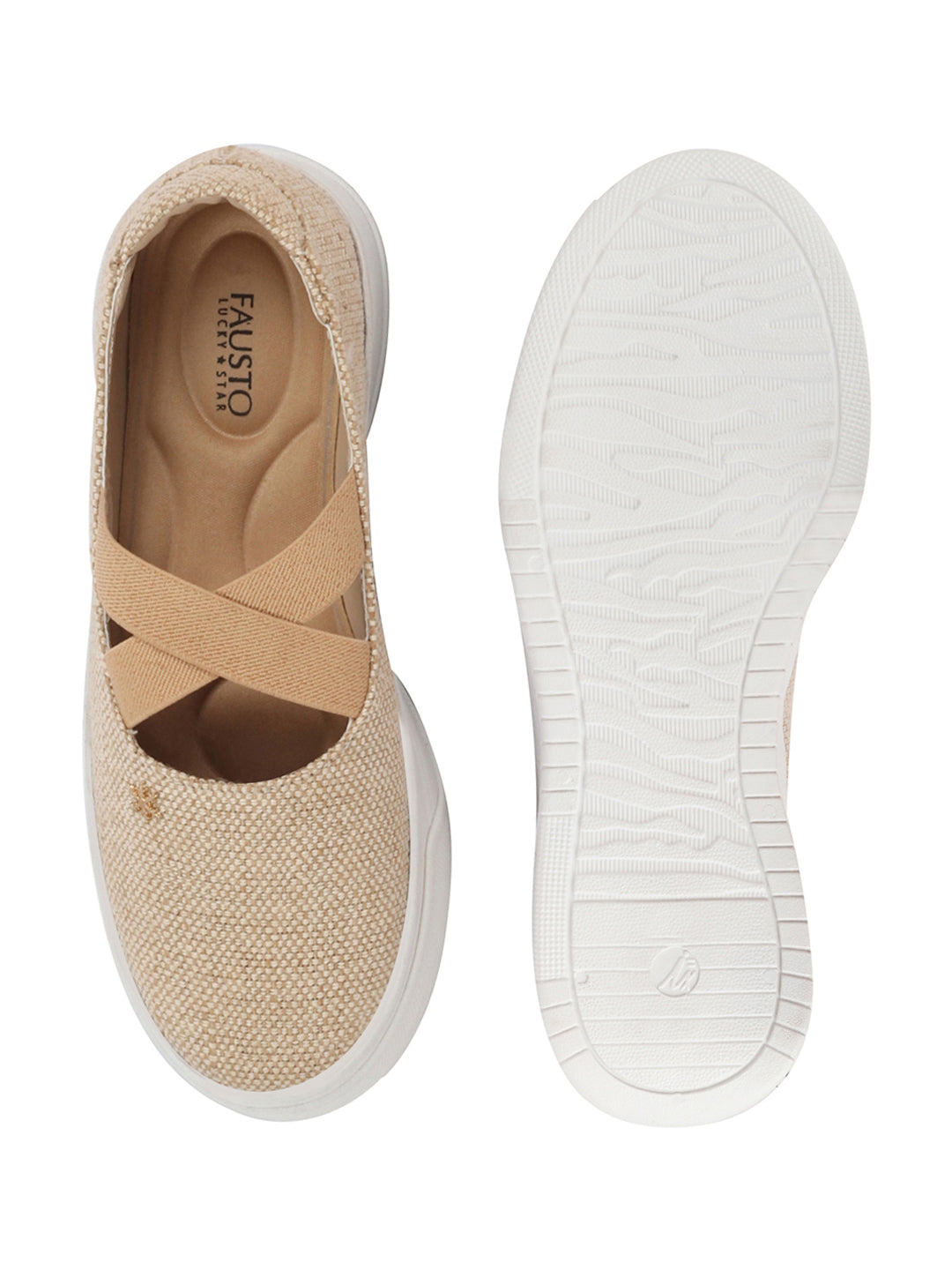 Shop Women Beige Elastic Closure Cross Strap Denim Slip On Height Enhancer Ballet Styled Shoes Online.