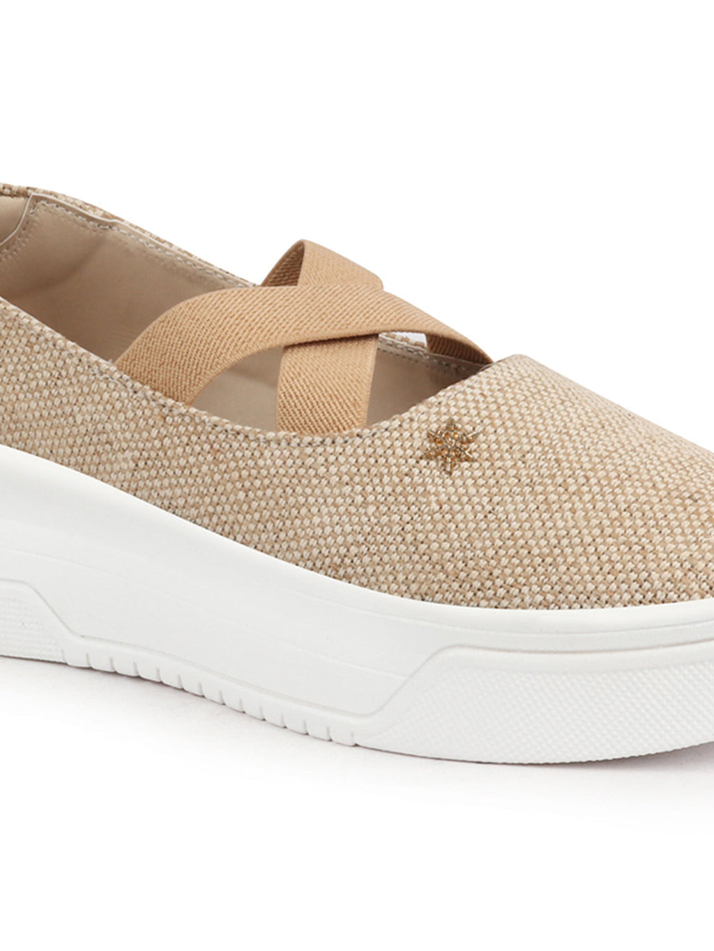 Shop Women Beige Elastic Closure Cross Strap Denim Slip On Height Enhancer Ballet Styled Shoes Online.