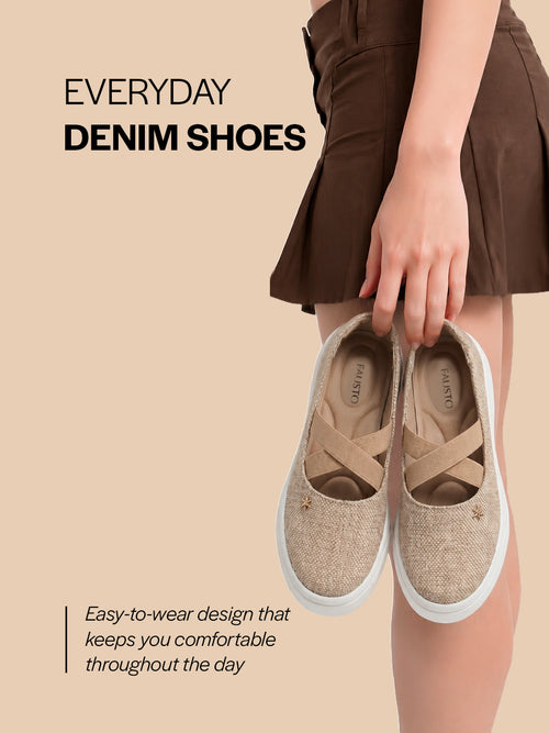 shop women beige elastic closure cross strap denim slip on height enhancer ballet styled shoes online.