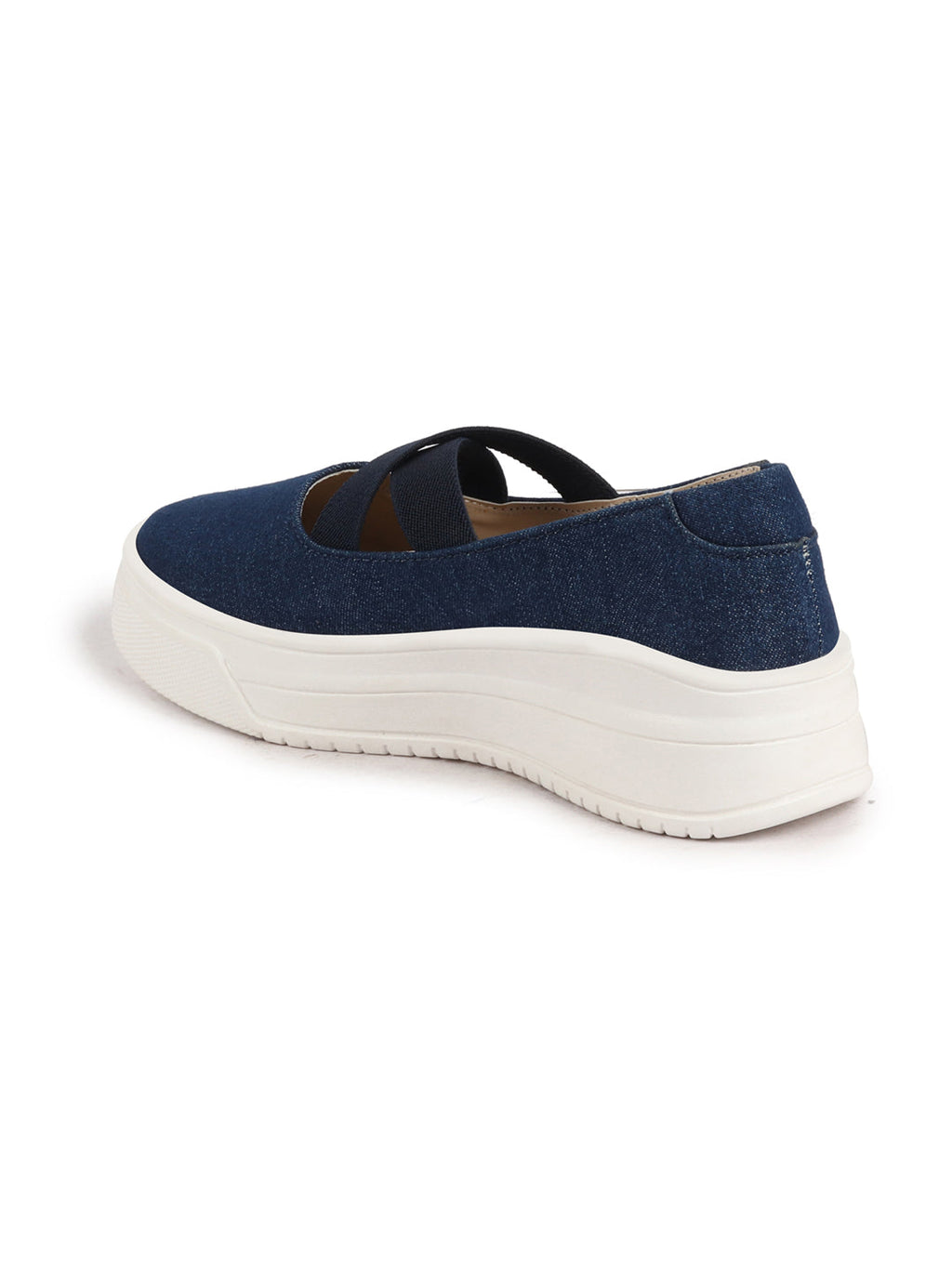 Shop Women Navy Elastic Closure Cross Strap Denim Slip On Height Enhancer Ballet Styled Shoes Online.