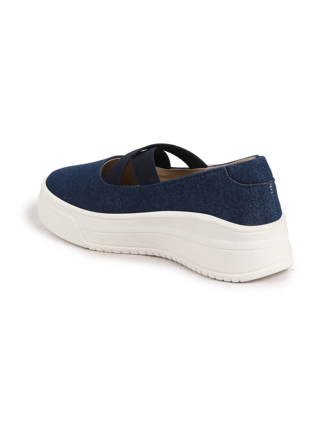 Shop Women Navy Elastic Closure Cross Strap Denim Slip On Height Enhancer Ballet Styled Shoes Online.