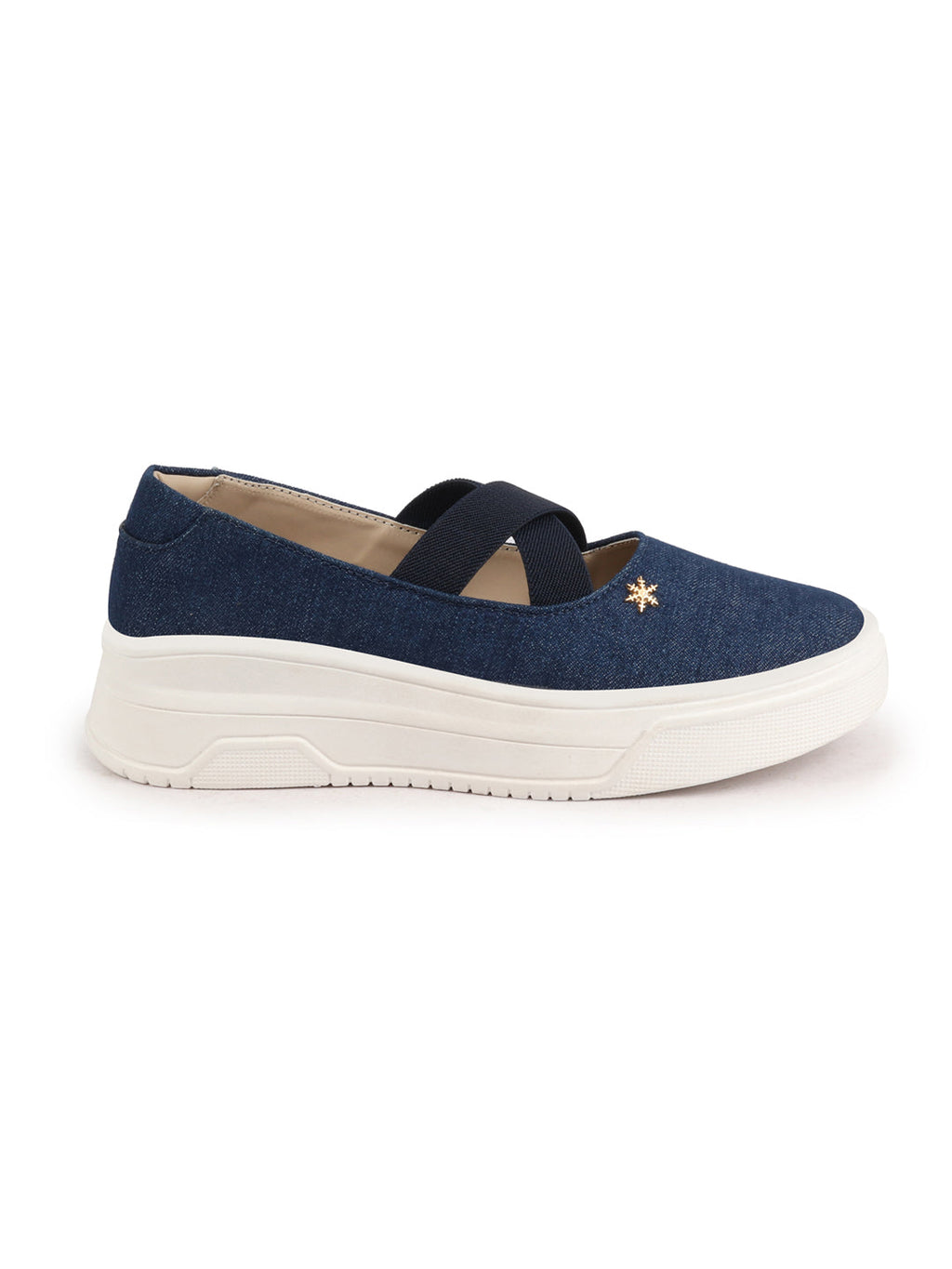 Shop Women Navy Elastic Closure Cross Strap Denim Slip On Height Enhancer Ballet Styled Shoes Online.