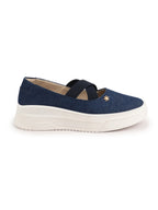 Shop Women Navy Elastic Closure Cross Strap Denim Slip On Height Enhancer Ballet Styled Shoes Online.