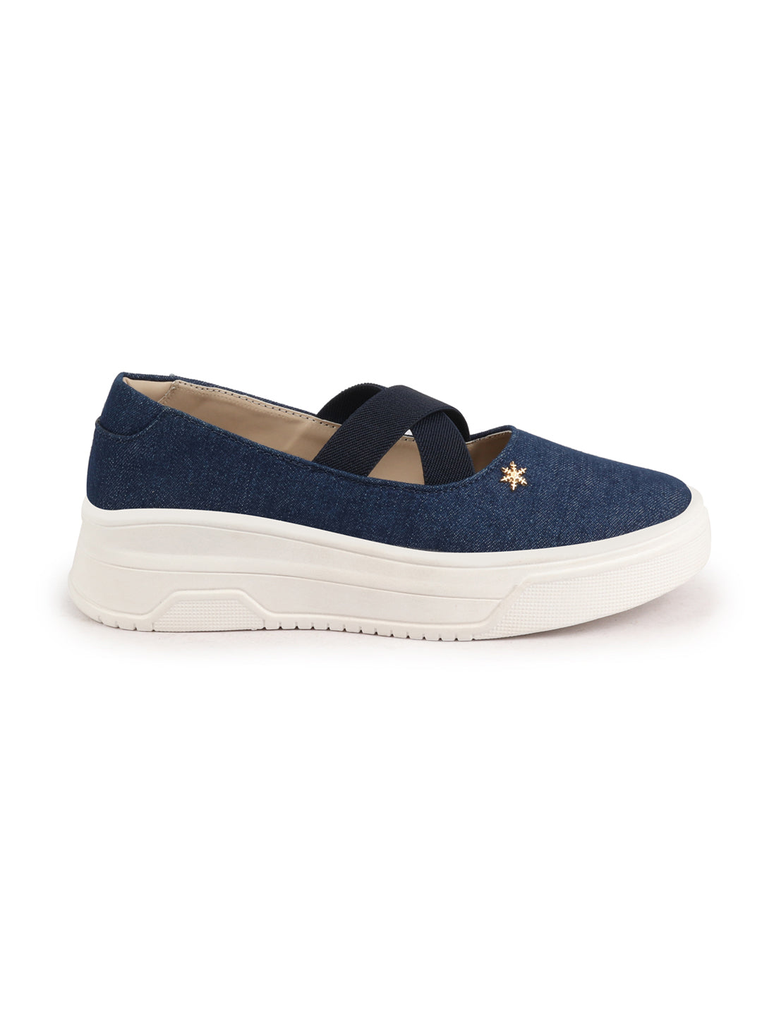 Shop Women Navy Elastic Closure Cross Strap Denim Slip On Height Enhancer Ballet Styled Shoes Online.