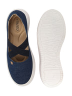Shop Women Navy Elastic Closure Cross Strap Denim Slip On Height Enhancer Ballet Styled Shoes Online.