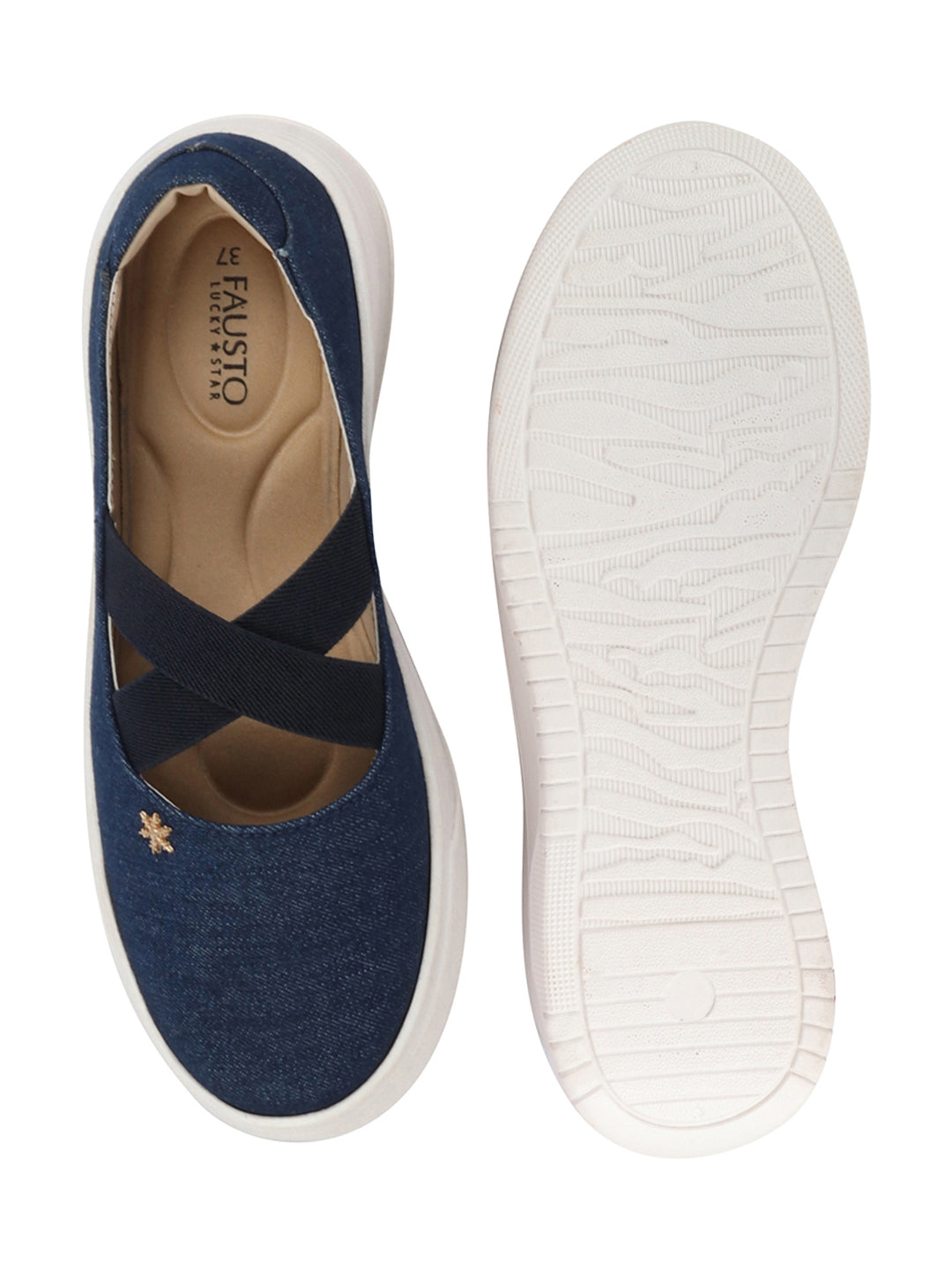 Shop Women Navy Elastic Closure Cross Strap Denim Slip On Height Enhancer Ballet Styled Shoes Online.