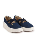 Shop Women Navy Elastic Closure Cross Strap Denim Slip On Height Enhancer Ballet Styled Shoes Online.