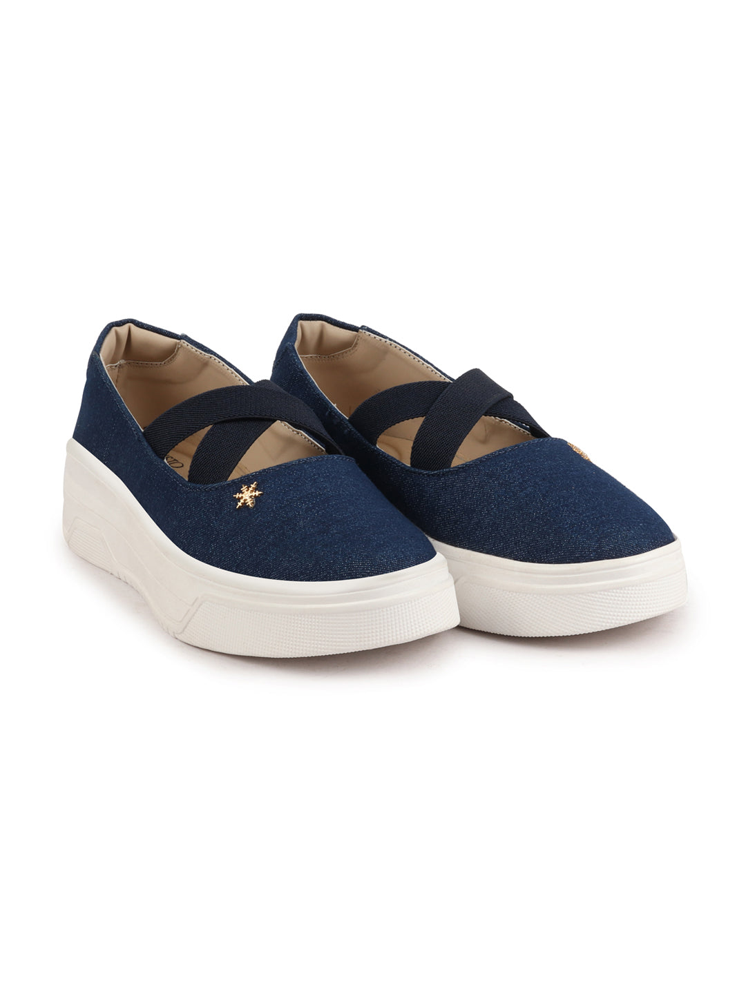 Shop Women Navy Elastic Closure Cross Strap Denim Slip On Height Enhancer Ballet Styled Shoes Online.