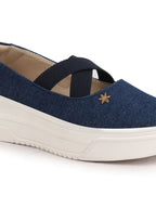 Shop Women Navy Elastic Closure Cross Strap Denim Slip On Height Enhancer Ballet Styled Shoes Online.