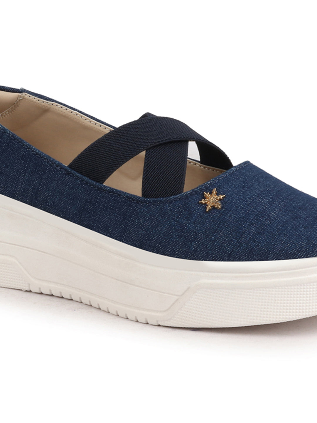 Shop Women Navy Elastic Closure Cross Strap Denim Slip On Height Enhancer Ballet Styled Shoes Online.