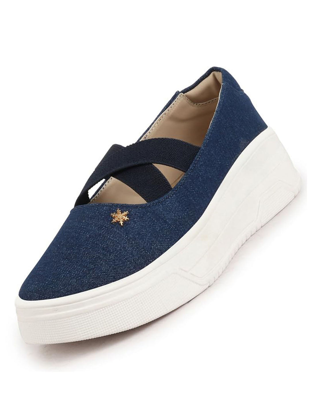 Shop Women Navy Elastic Closure Cross Strap Denim Slip On Height Enhancer Ballet Styled Shoes Online.