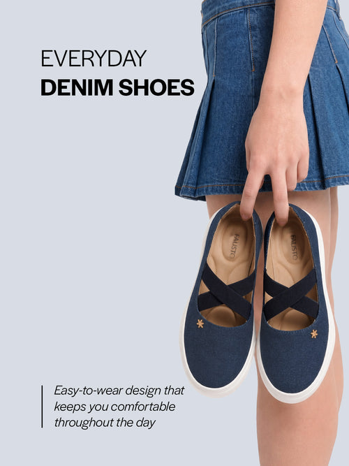 shop women navy elastic closure cross strap denim slip on height enhancer ballet styled shoes online.