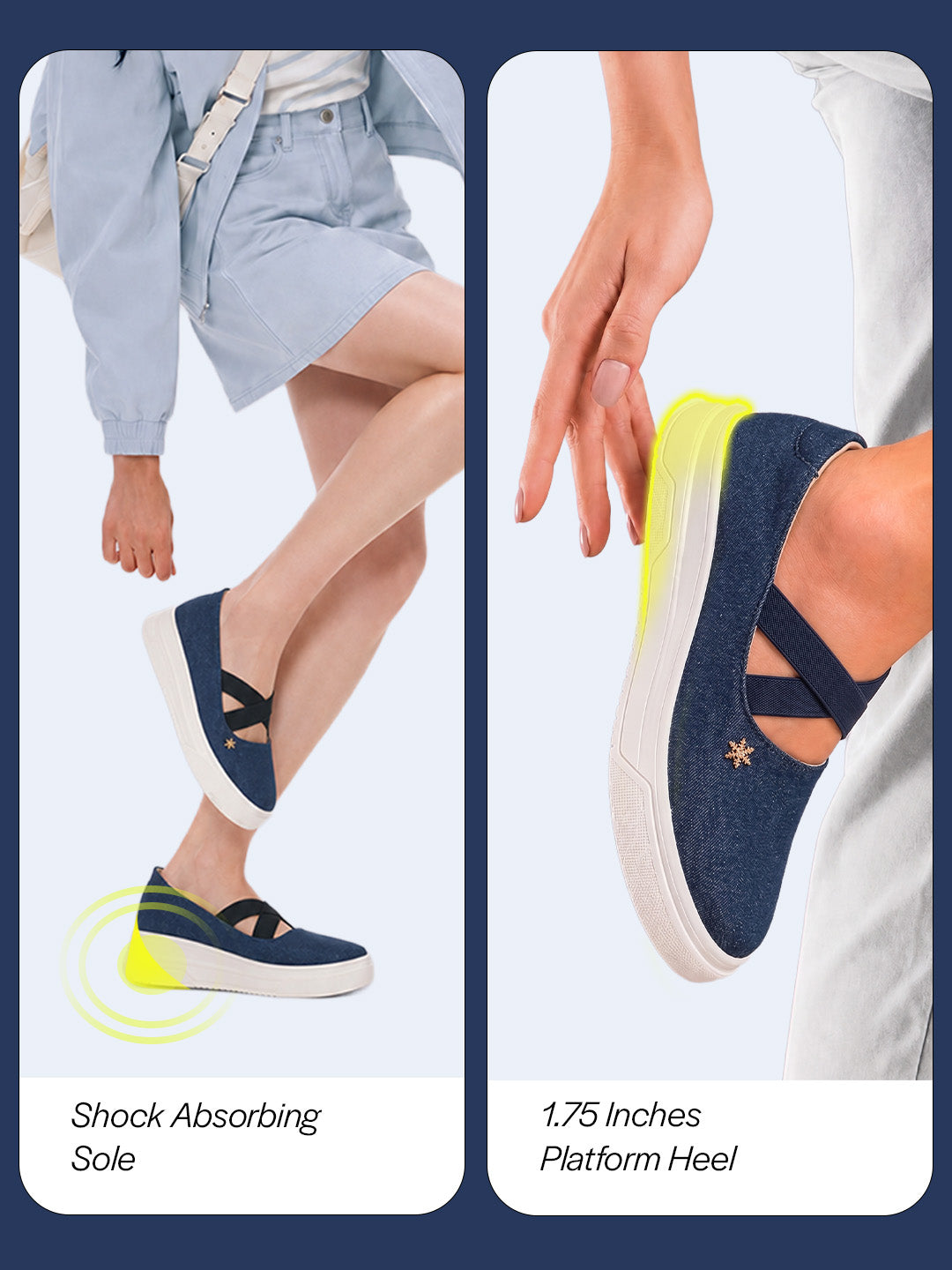 shop women navy elastic closure cross strap denim slip on height enhancer ballet styled shoes online.