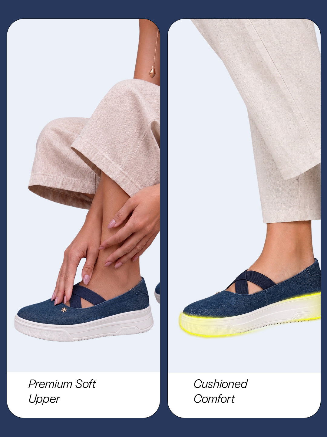 shop women navy elastic closure cross strap denim slip on height enhancer ballet styled shoes online.