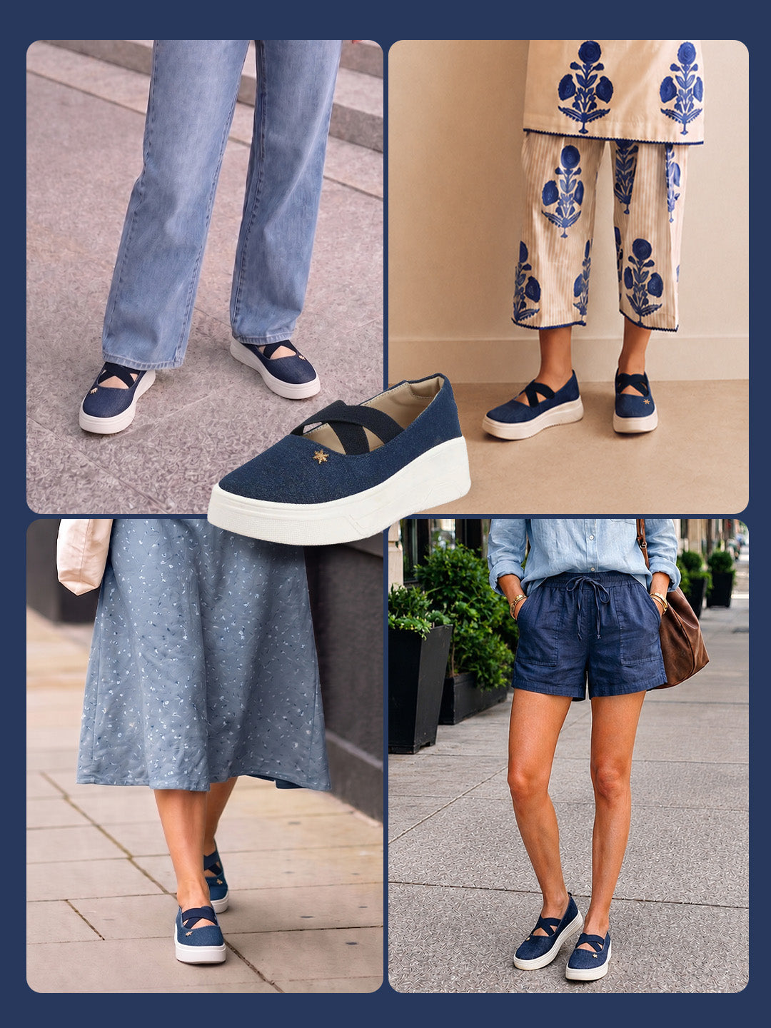 shop women navy elastic closure cross strap denim slip on height enhancer ballet styled shoes online.