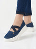 Women Navy Elastic Closure Cross Strap Denim Slip On Height Enhancer Ballet Styled Shoes