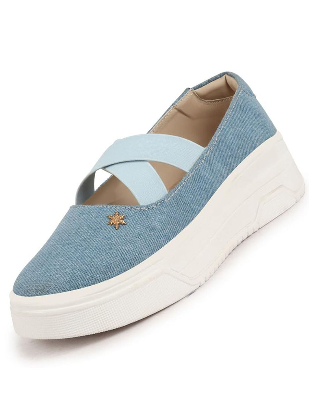 Women Sky Elastic Closure Cross Strap Denim Slip On Height Enhancer Ballet Styled Shoes