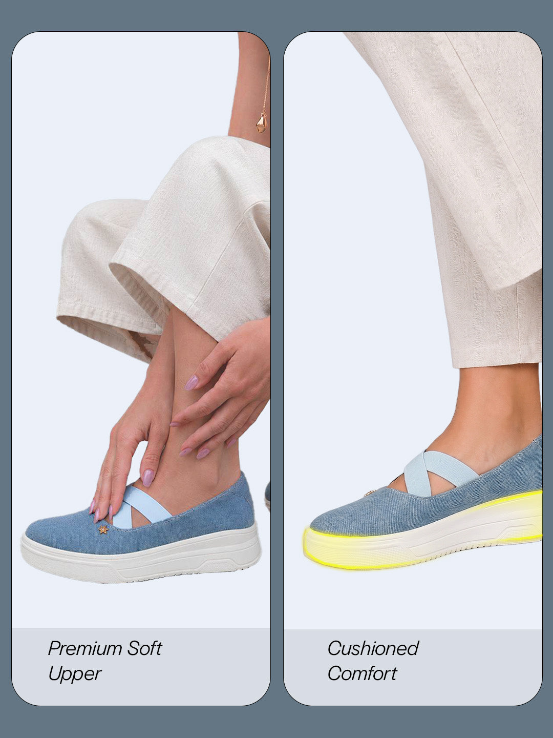 women sky elastic closure cross strap denim slip on height enhancer ballet styled shoes
