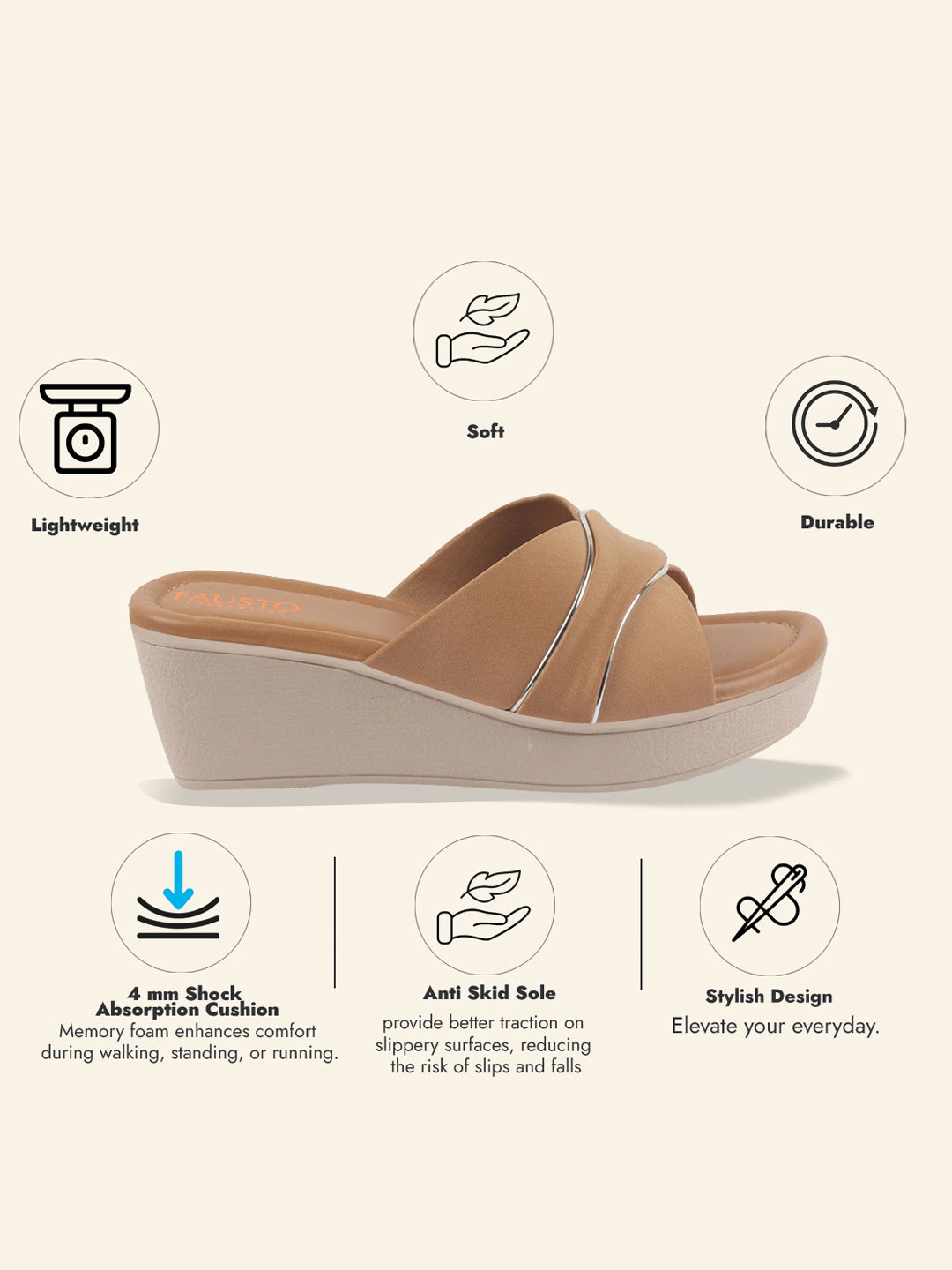 Shop FAUSTO Women Beige Silver Lining Open Toe Cross Strap Wedge Slip On Sandal With Cushioned Footbed|Sandal For Party|Festive|Wedding Online.