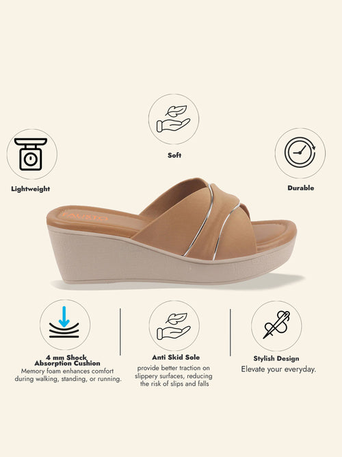 Shop FAUSTO Women Beige Silver Lining Open Toe Cross Strap Wedge Slip On Sandal With Cushioned Footbed|Sandal For Party|Festive|Wedding Online.
