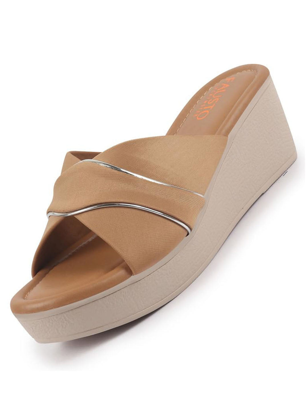 Shop FAUSTO Women Beige Silver Lining Open Toe Cross Strap Wedge Slip On Sandal With Cushioned Footbed|Sandal For Party|Festive|Wedding Online.