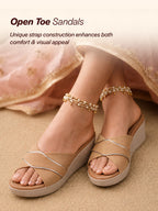 Shop FAUSTO Women Beige Silver Lining Open Toe Cross Strap Wedge Slip On Sandal With Cushioned Footbed|Sandal For Party|Festive|Wedding Online.