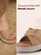 Shop FAUSTO Women Beige Silver Lining Open Toe Cross Strap Wedge Slip On Sandal With Cushioned Footbed|Sandal For Party|Festive|Wedding Online.