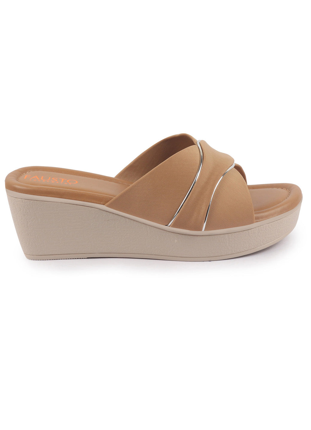 Shop FAUSTO Women Beige Silver Lining Open Toe Cross Strap Wedge Slip On Sandal With Cushioned Footbed|Sandal For Party|Festive|Wedding Online.