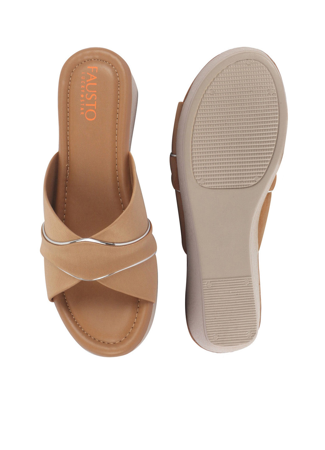 Shop FAUSTO Women Beige Silver Lining Open Toe Cross Strap Wedge Slip On Sandal With Cushioned Footbed|Sandal For Party|Festive|Wedding Online.
