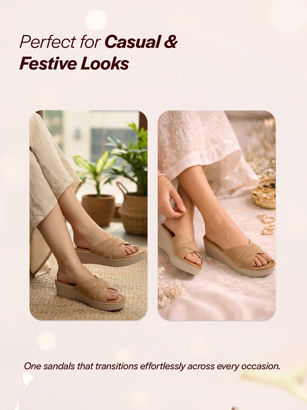 Shop FAUSTO Women Beige Silver Lining Open Toe Cross Strap Wedge Slip On Sandal With Cushioned Footbed|Sandal For Party|Festive|Wedding Online.