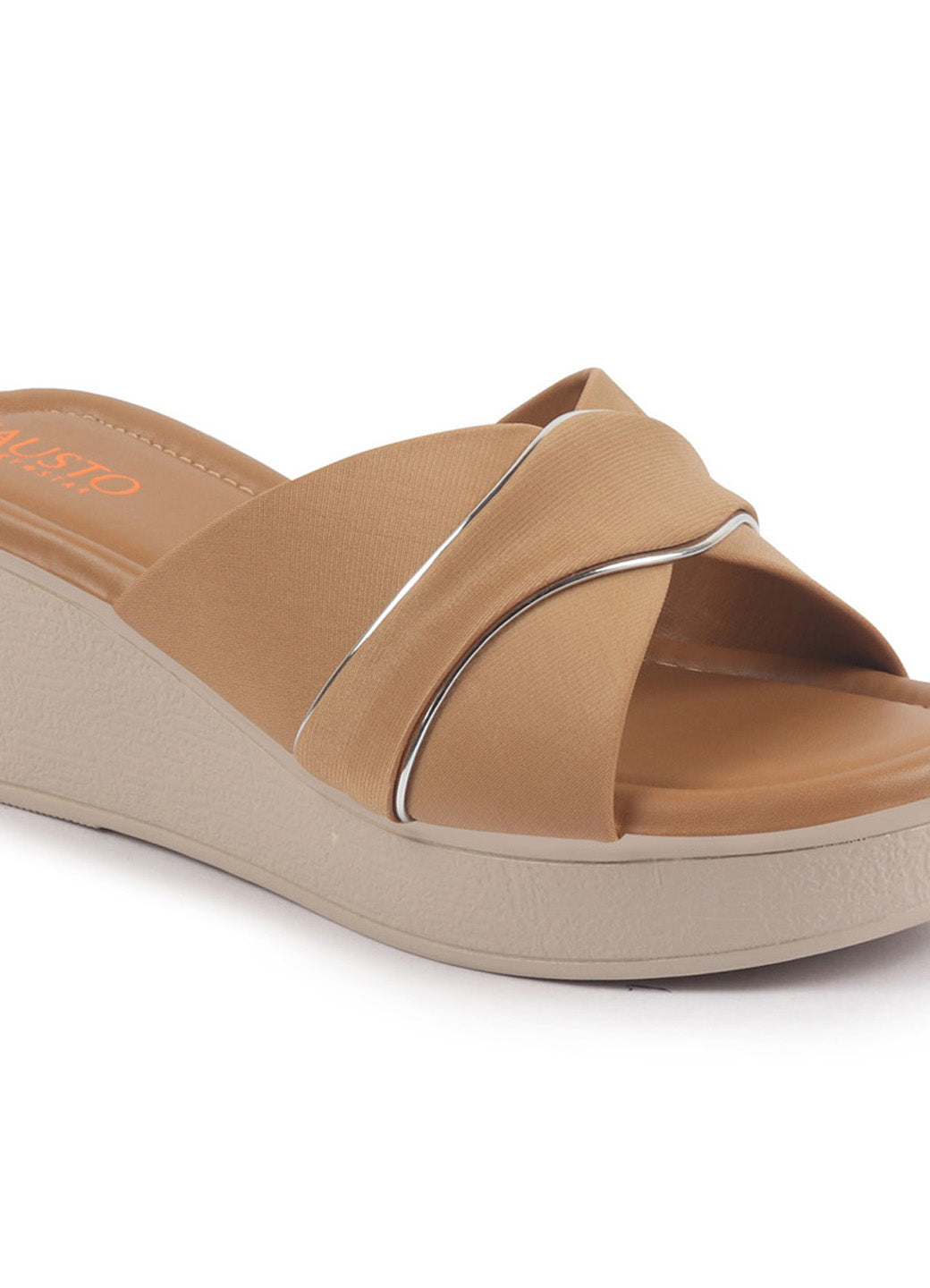 Shop FAUSTO Women Beige Silver Lining Open Toe Cross Strap Wedge Slip On Sandal With Cushioned Footbed|Sandal For Party|Festive|Wedding Online.