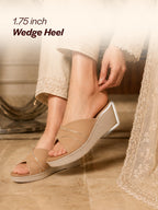 Shop FAUSTO Women Beige Silver Lining Open Toe Cross Strap Wedge Slip On Sandal With Cushioned Footbed|Sandal For Party|Festive|Wedding Online.