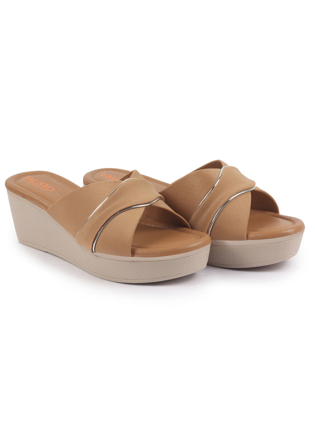 Shop FAUSTO Women Beige Silver Lining Open Toe Cross Strap Wedge Slip On Sandal With Cushioned Footbed|Sandal For Party|Festive|Wedding Online.