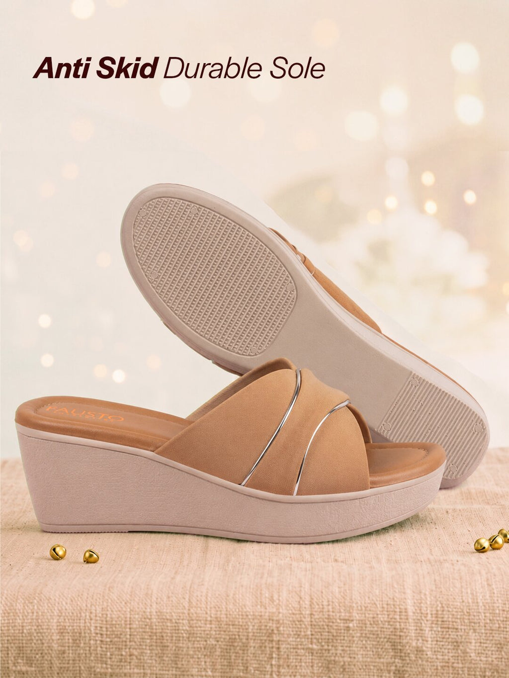Shop FAUSTO Women Beige Silver Lining Open Toe Cross Strap Wedge Slip On Sandal With Cushioned Footbed|Sandal For Party|Festive|Wedding Online.