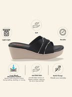 Shop FAUSTO Women Black Silver Lining Open Toe Cross Strap Wedge Slip On Sandal With Cushioned Footbed|Sandal For Party|Festive|Wedding Online.