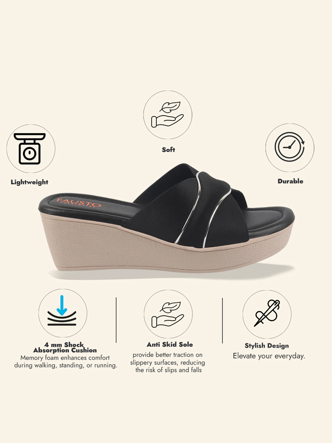 Shop FAUSTO Women Black Silver Lining Open Toe Cross Strap Wedge Slip On Sandal With Cushioned Footbed|Sandal For Party|Festive|Wedding Online.