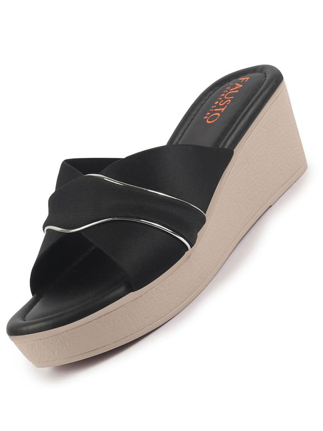 Shop FAUSTO Women Black Silver Lining Open Toe Cross Strap Wedge Slip On Sandal With Cushioned Footbed|Sandal For Party|Festive|Wedding Online.