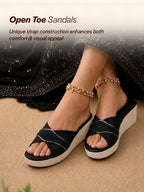 Shop FAUSTO Women Black Silver Lining Open Toe Cross Strap Wedge Slip On Sandal With Cushioned Footbed|Sandal For Party|Festive|Wedding Online.