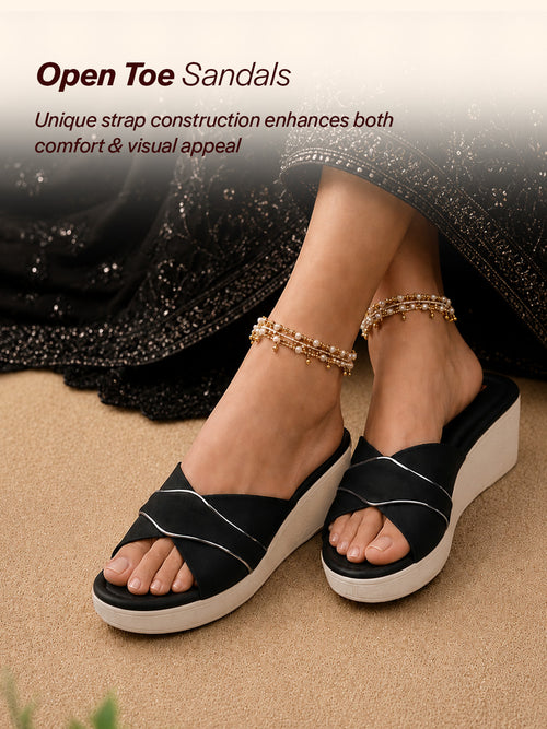 Shop FAUSTO Women Black Silver Lining Open Toe Cross Strap Wedge Slip On Sandal With Cushioned Footbed|Sandal For Party|Festive|Wedding Online.
