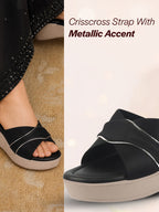 Shop FAUSTO Women Black Silver Lining Open Toe Cross Strap Wedge Slip On Sandal With Cushioned Footbed|Sandal For Party|Festive|Wedding Online.
