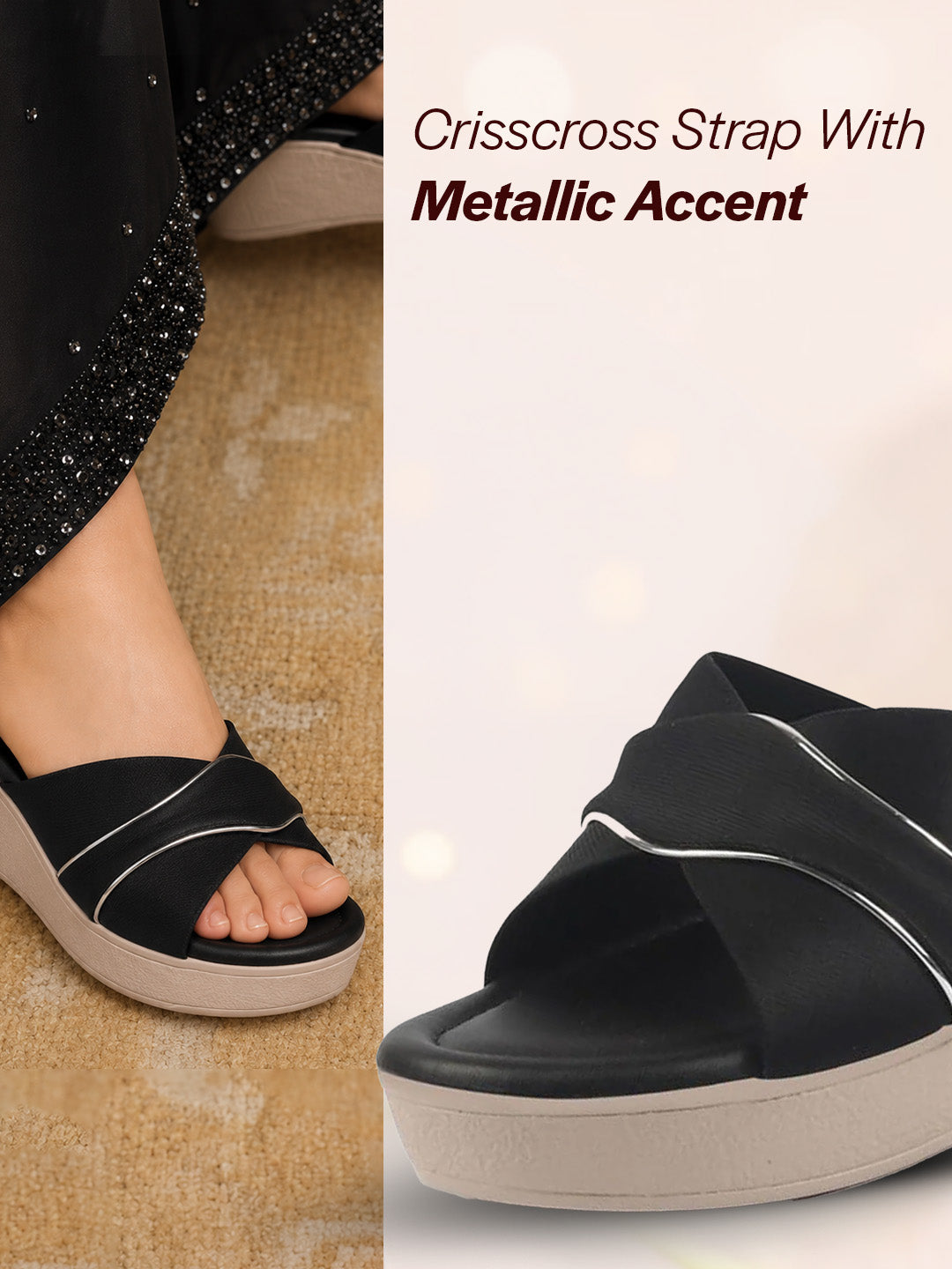 Shop FAUSTO Women Black Silver Lining Open Toe Cross Strap Wedge Slip On Sandal With Cushioned Footbed|Sandal For Party|Festive|Wedding Online.